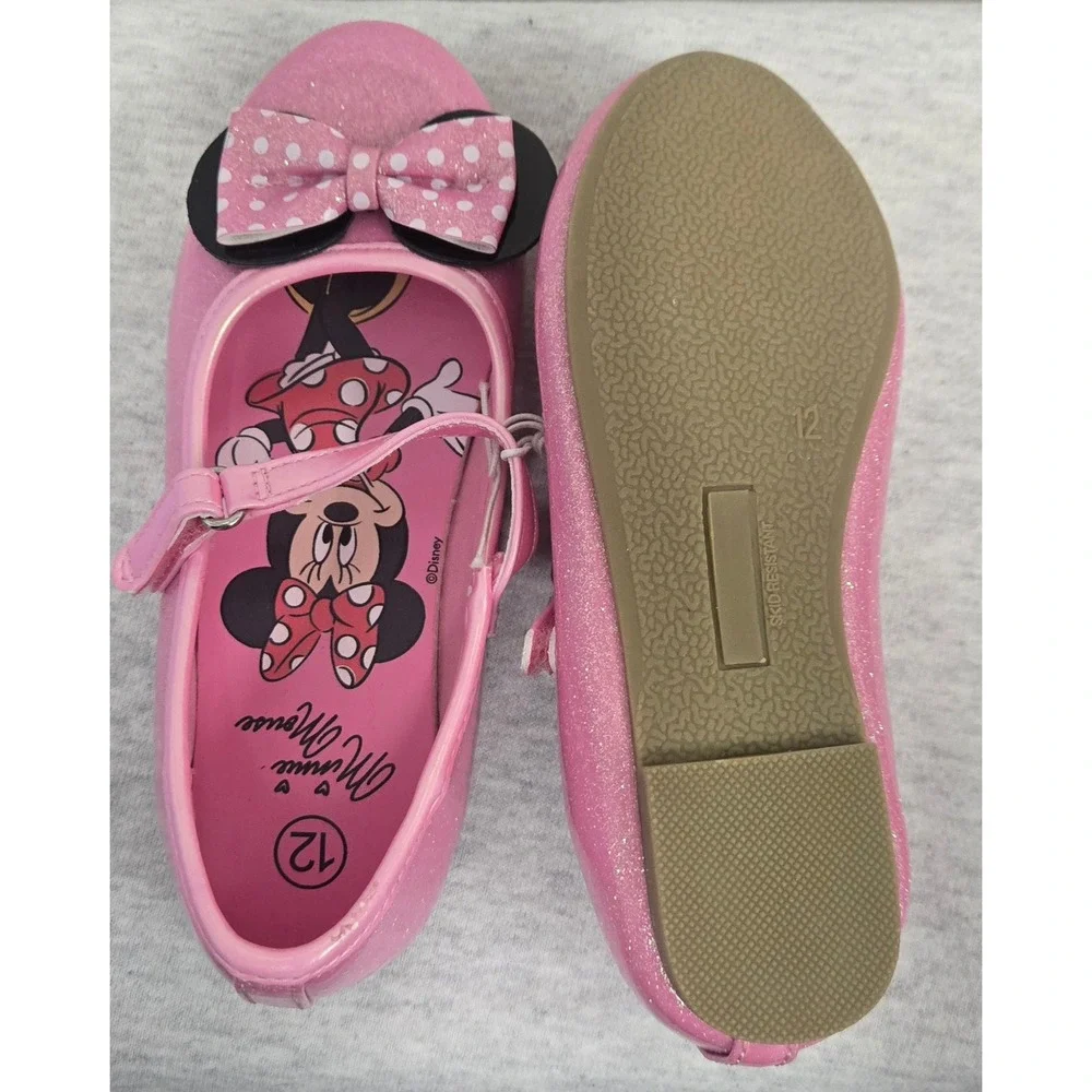 Disney Minnie Mouse Girls Pink Glitter Mary Jane Flats Bow Dress Shoes Size 12